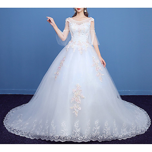 Princess Ball Gown Wedding Dresses Jewel Neck Court Train Lace Tulle 3/4 Length Sleeve Formal Romantic with Appliques 2021
Princess Ball Gown Wedding Dresses Jewel Neck Court Train Lace Tulle 3/4 Length Sleeve Formal Romantic with Appliques 2021
