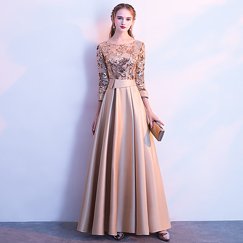 

A-Line Jewel Neck Floor Length Satin / Tulle Bridesmaid Dress with Sash / Ribbon / Pleats
