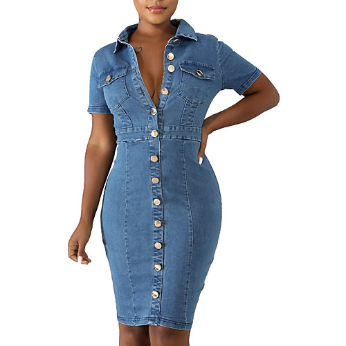 Women's Denim Dress Knee Length Dress Light Blue Short Sleeve Solid Color Pocket Summer Shirt Collar Casual 2021 S M L XL XXL 3XL
Women's Denim Dress Knee Length Dress Light Blue Short Sleeve Solid Color Pocket Summer Shirt Collar Casual 2021 S M L XL XXL 3XL