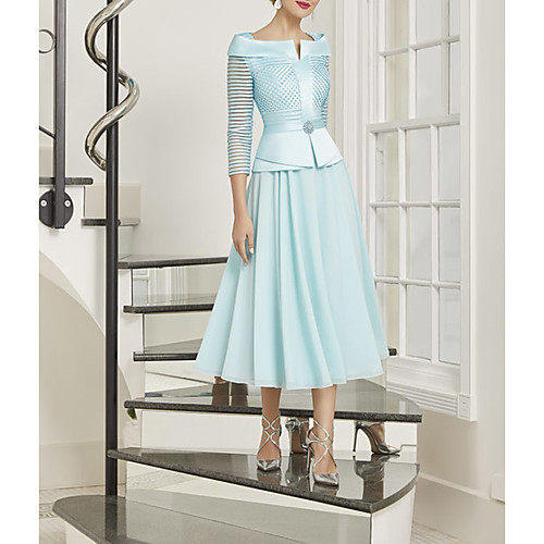 A-Line Mother of the Bride Dress Elegant V Neck Tea Length Chiffon Satin 3/4 Length Sleeve with Sash / Ribbon Pleats Crystal Brooch 2021
A-Line Mother of the Bride Dress Elegant V Neck Tea Length Chiffon Satin 3/4 Length Sleeve with Sash / Ribbon Pleats Crystal Brooch 2021