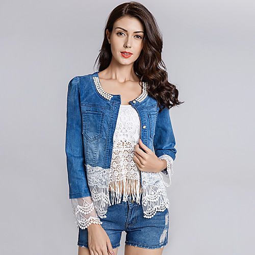 Women's Denim Jacket Blue Solid Colored Tops Regular Fit Lace Cotton Coat Round Neck Spring Outerwear
Women's Denim Jacket Blue Solid Colored Tops Regular Fit Lace Cotton Coat Round Neck Spring Outerwear