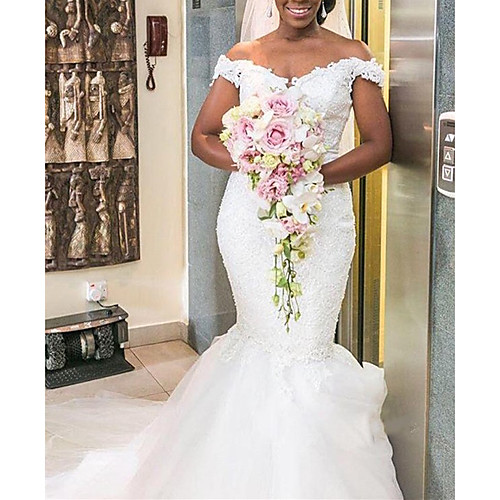 Mermaid / Trumpet Wedding Dresses Off Shoulder Court Train Lace Tulle Short Sleeve Formal Romantic with Appliques 2021
Mermaid / Trumpet Wedding Dresses Off Shoulder Court Train Lace Tulle Short Sleeve Formal Romantic with Appliques 2021