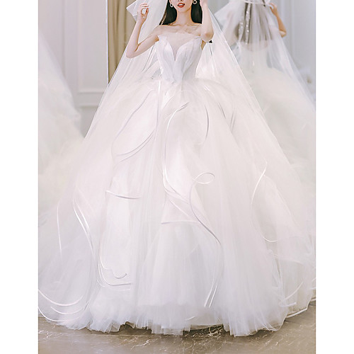Princess Ball Gown Wedding Dresses Strapless Chapel Train Tulle Sleeveless Formal Luxurious with Cascading Ruffles 2021
Princess Ball Gown Wedding Dresses Strapless Chapel Train Tulle Sleeveless Formal Luxurious with Cascading Ruffles 2021