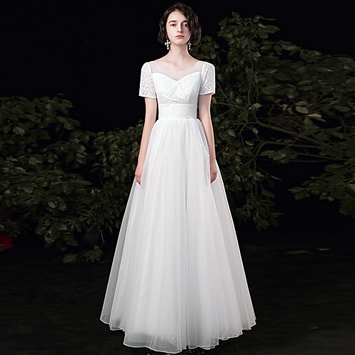 A-Line Wedding Dresses Jewel Neck Floor Length Lace Tulle Short Sleeve Romantic with Bow(s) 2021
A-Line Wedding Dresses Jewel Neck Floor Length Lace Tulle Short Sleeve Romantic with Bow(s) 2021