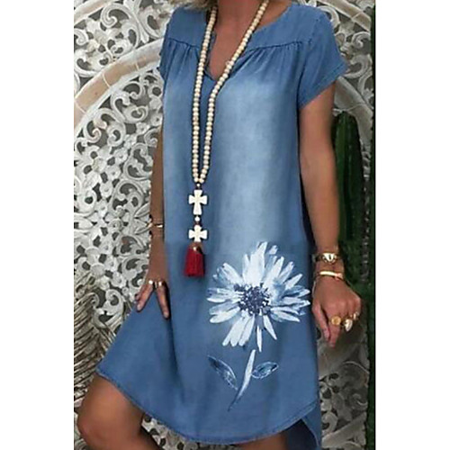 Women's Denim Dress Knee Length Dress Blue Short Sleeve Floral Print Summer V Neck Elegant 2021 M L XL XXL 3XL
Women's Denim Dress Knee Length Dress Blue Short Sleeve Floral Print Summer V Neck Elegant 2021 M L XL XXL 3XL