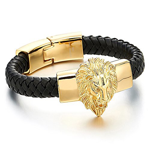 Mens Large Braided Leather Bracelet with Steel Gold Color Lion and Black Genuine Leather Straps
Mens Large Braided Leather Bracelet with Steel Gold Color Lion and Black Genuine Leather Straps