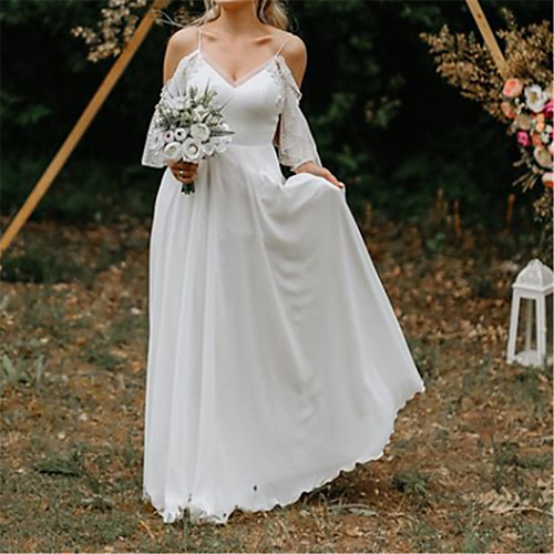 Sheath / Column Wedding Dresses V Neck Spaghetti Strap Sweep / Brush Train Chiffon 3/4 Length Sleeve Romantic Simple Beach with Bow(s) Pleats 2021
Sheath / Column Wedding Dresses V Neck Spaghetti Strap Sweep / Brush Train Chiffon 3/4 Length Sleeve Romantic Simple Beach with Bow(s) Pleats 2021