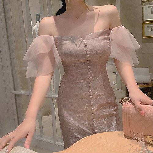 Sheath / Column Sparkle Elegant Homecoming Cocktail Party Dress Off Shoulder Short Sleeve Knee Length Sequined with Buttons Sequin 2021
Sheath / Column Sparkle Elegant Homecoming Cocktail Party Dress Off Shoulder Short Sleeve Knee Length Sequined with Buttons Sequin 2021