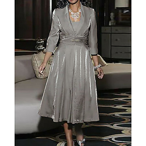 A-Line Mother of the Bride Dress Plus Size Elegant Vintage Square Neck Tea Length Polyester 3/4 Length Sleeve with Ruching 2021
A-Line Mother of the Bride Dress Plus Size Elegant Vintage Square Neck Tea Length Polyester 3/4 Length Sleeve with Ruching 2021
