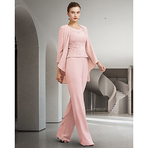 Two Piece Pantsuit / Jumpsuit Mother of the Bride Dress Elegant Jewel Neck Floor Length Chiffon Lace Long Sleeve with Appliques 2021
Two Piece Pantsuit / Jumpsuit Mother of the Bride Dress Elegant Jewel Neck Floor Length Chiffon Lace Long Sleeve with Appliques 2021