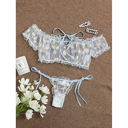 

Women's Layered Lace Hole Matching Bralettes Suits Nightwear Solid Colored Floral Embroidered Bra Light Blue / White / Blushing Pink XS S M