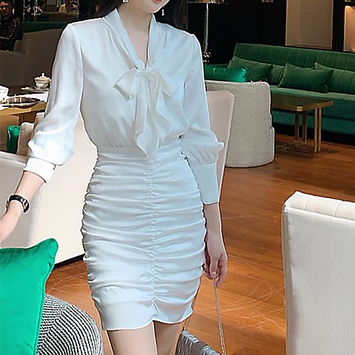 Sheath / Column Minimalist Elegant Graduation Cocktail Party Dress V Neck Long Sleeve Short / Mini Satin with Bow(s) Ruched 2021
Sheath / Column Minimalist Elegant Graduation Cocktail Party Dress V Neck Long Sleeve Short / Mini Satin with Bow(s) Ruched 2021