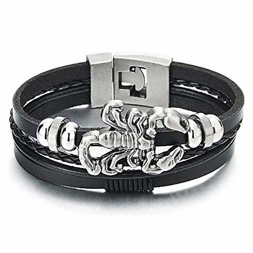 mens multi-strand black leather bangle wrap wristband bracelet with vintage scorpion and beads
mens multi-strand black leather bangle wrap wristband bracelet with vintage scorpion and beads