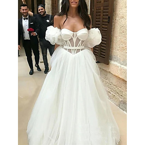 A-Line Wedding Dresses Off Shoulder Floor Length Tulle Short Sleeve Simple Sexy with Pleats 2021
A-Line Wedding Dresses Off Shoulder Floor Length Tulle Short Sleeve Simple Sexy with Pleats 2021