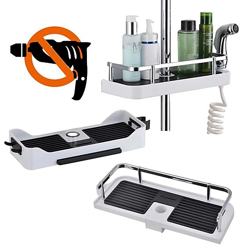 

Bathroom Shelf Multifunction Storage Rack Shower Head Shampoo Holder Towel Tray Adjustable Bathroom Shelves Single Tier White & Black