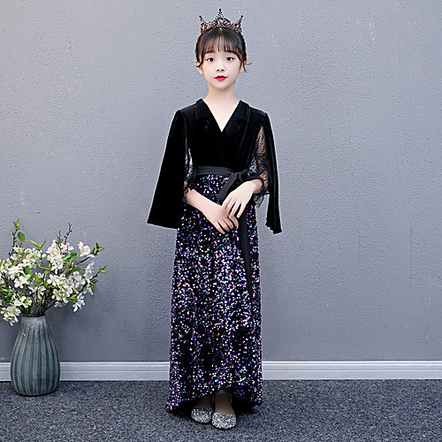Sheath / Column Asymmetrical Event / Party / Formal Evening Flower Girl Dresses - Sequined / Velvet 3/4 Length Sleeve V Neck with Belt / Solid / Splicing
Sheath / Column Asymmetrical Event / Party / Formal Evening Flower Girl Dresses - Sequined / Velvet 3/4 Length Sleeve V Neck with Belt / Solid / Splicing