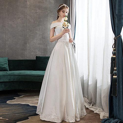Princess A-Line Wedding Dresses Off Shoulder Floor Length Lace Satin Short Sleeve Formal Romantic with Pleats Appliques 2021
Princess A-Line Wedding Dresses Off Shoulder Floor Length Lace Satin Short Sleeve Formal Romantic with Pleats Appliques 2021