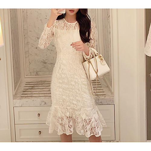 Sheath / Column Elegant Floral Wedding Guest Cocktail Party Dress Illusion Neck Long Sleeve Knee Length Lace with Lace Insert 2021
Sheath / Column Elegant Floral Wedding Guest Cocktail Party Dress Illusion Neck Long Sleeve Knee Length Lace with Lace Insert 2021
