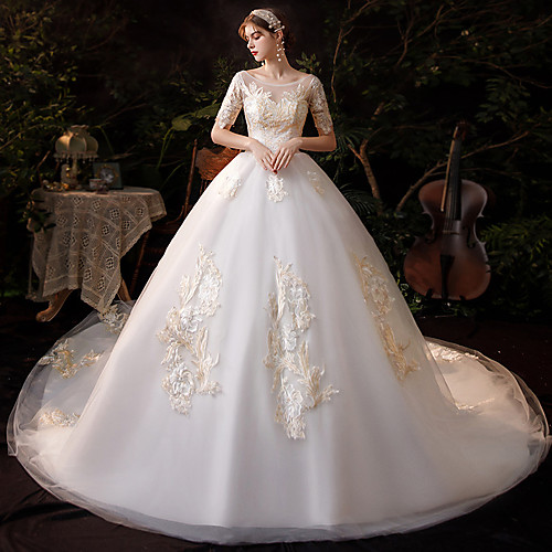 Princess Ball Gown Wedding Dresses Jewel Neck Chapel Train Lace Tulle Short Sleeve Formal Luxurious with Appliques 2021
Princess Ball Gown Wedding Dresses Jewel Neck Chapel Train Lace Tulle Short Sleeve Formal Luxurious with Appliques 2021
