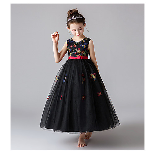 

Princess / Ball Gown Jewel Neck Ankle Length Tulle Junior Bridesmaid Dress with Sash / Ribbon / Bow(s)