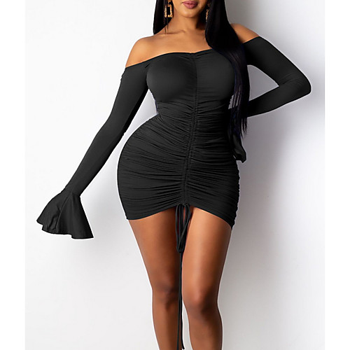 

Women's Sheath Dress Short Mini Dress 2610 black 2610 white 2610 Color Orchid 2610 Army Green 2610 wine red Long Sleeve Solid Color Backless Summer Off Shoulder Sexy Flare Cuff Sleeve 2021 S M L XL