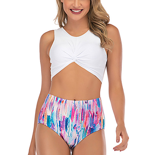 

Women's Bikini Tankini Swimsuit Racerback Open Back Print Abstract Stripe White Swimwear Padded Strap Bathing Suits New Cute Sweet / 2 Piece / Tattoo