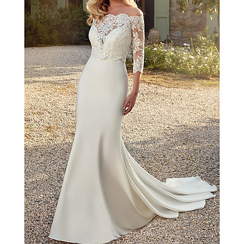 Mermaid / Trumpet Wedding Dresses V Neck Sweep / Brush Train Lace Satin Sleeveless Romantic Simple with Appliques 2021
Mermaid / Trumpet Wedding Dresses V Neck Sweep / Brush Train Lace Satin Sleeveless Romantic Simple with Appliques 2021