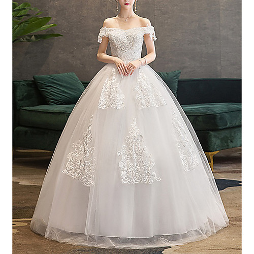 Princess Ball Gown Wedding Dresses Off Shoulder Floor Length Lace Tulle Short Sleeve Romantic with Appliques 2021
Princess Ball Gown Wedding Dresses Off Shoulder Floor Length Lace Tulle Short Sleeve Romantic with Appliques 2021