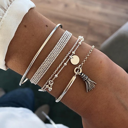 simple silver glossy tassel bangle bracelet multilayer chain disc 4-piece bracelet
simple silver glossy tassel bangle bracelet multilayer chain disc 4-piece bracelet