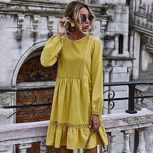 2020 european and american autumn and winter new hollow lace stitching lotus leaf round neck long-sleeved large swing dress amazon spot
2020 european and american autumn and winter new hollow lace stitching lotus leaf round neck long-sleeved large swing dress amazon spot