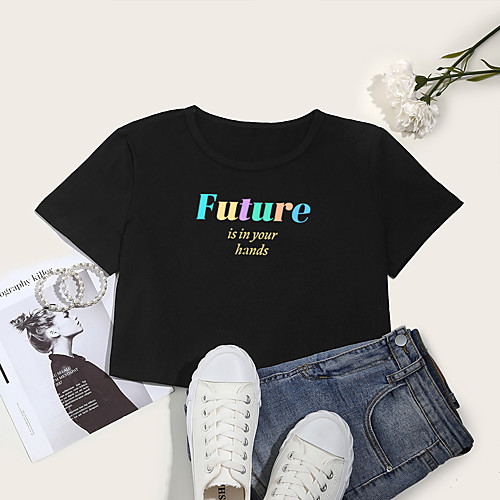 Women's Crop Tshirt Letter Print Round Neck Tops Cotton Basic Basic Top White Black
Women's Crop Tshirt Letter Print Round Neck Tops Cotton Basic Basic Top White Black