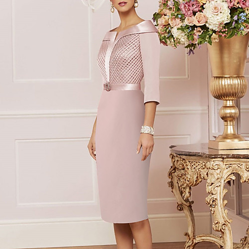 Sheath / Column Mother of the Bride Dress Elegant Jewel Neck Knee Length Satin 3/4 Length Sleeve with Sash / Ribbon Crystal Brooch 2021
Sheath / Column Mother of the Bride Dress Elegant Jewel Neck Knee Length Satin 3/4 Length Sleeve with Sash / Ribbon Crystal Brooch 2021