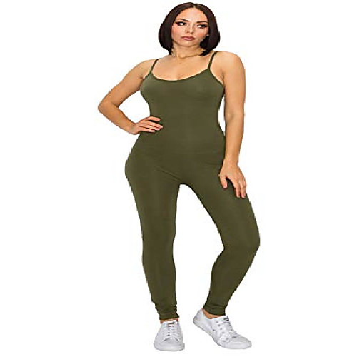 

glass two women's casual jumpsuit - spaghetti strap full length sleeveless bodycon tight tank romper one piece playsuit rmp26 olive m