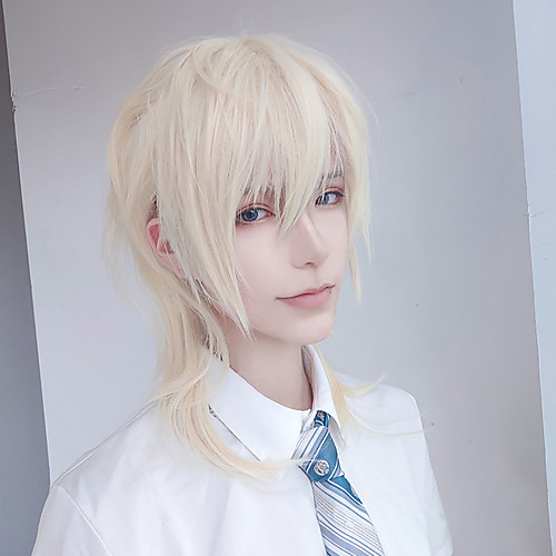 

Short Cosplay Lolita Anime Wig Male Straight Hair High Temperature Fiber Synthetic Long Ponytail Light Blonde Wig for Men