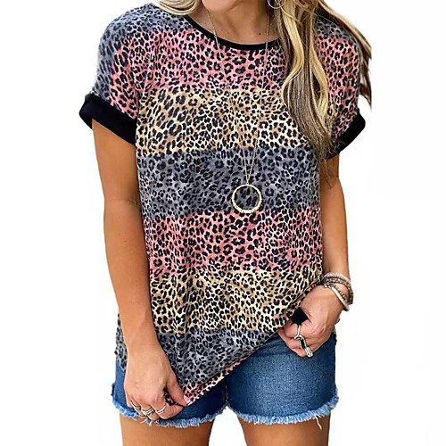 Women's T shirt Color Block Leopard Print Round Neck Tops Basic Basic Top Blue Purple Wine
Women's T shirt Color Block Leopard Print Round Neck Tops Basic Basic Top Blue Purple Wine