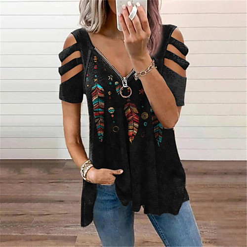 

Women's Holiday Blouse Eyelet top Shirt Graphic Feather Cut Out Zipper Flowing tunic V Neck Basic Streetwear Tops Purple Blushing Pink Green / Print