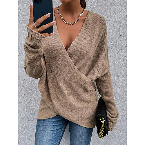 

Women's Pullover Jumper Sweater Criss Cross Knitted Solid Color Stylish Casual Long Sleeve Regular Fit Sweater Cardigans V Neck Fall Winter Black khaki Green / Holiday / Going out