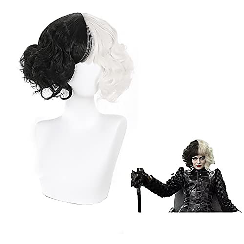 

halloweencostumes 2021 Cruella Deville Wig Half Black and White Wigs Short Curly Wavy Bob Hair Halloween Costume Women Girl Role Cosplay Party Heat Resistant Synthetic Wigs