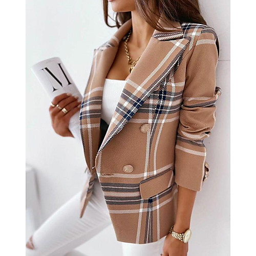 

Women's Blazer Daily Going out Fall Winter Regular Coat Double Breasted Notch lapel collar Regular Fit Thermal Warm Fashion Elegant Jacket Long Sleeve Plaid / Check Print Blushing Pink Light Brown