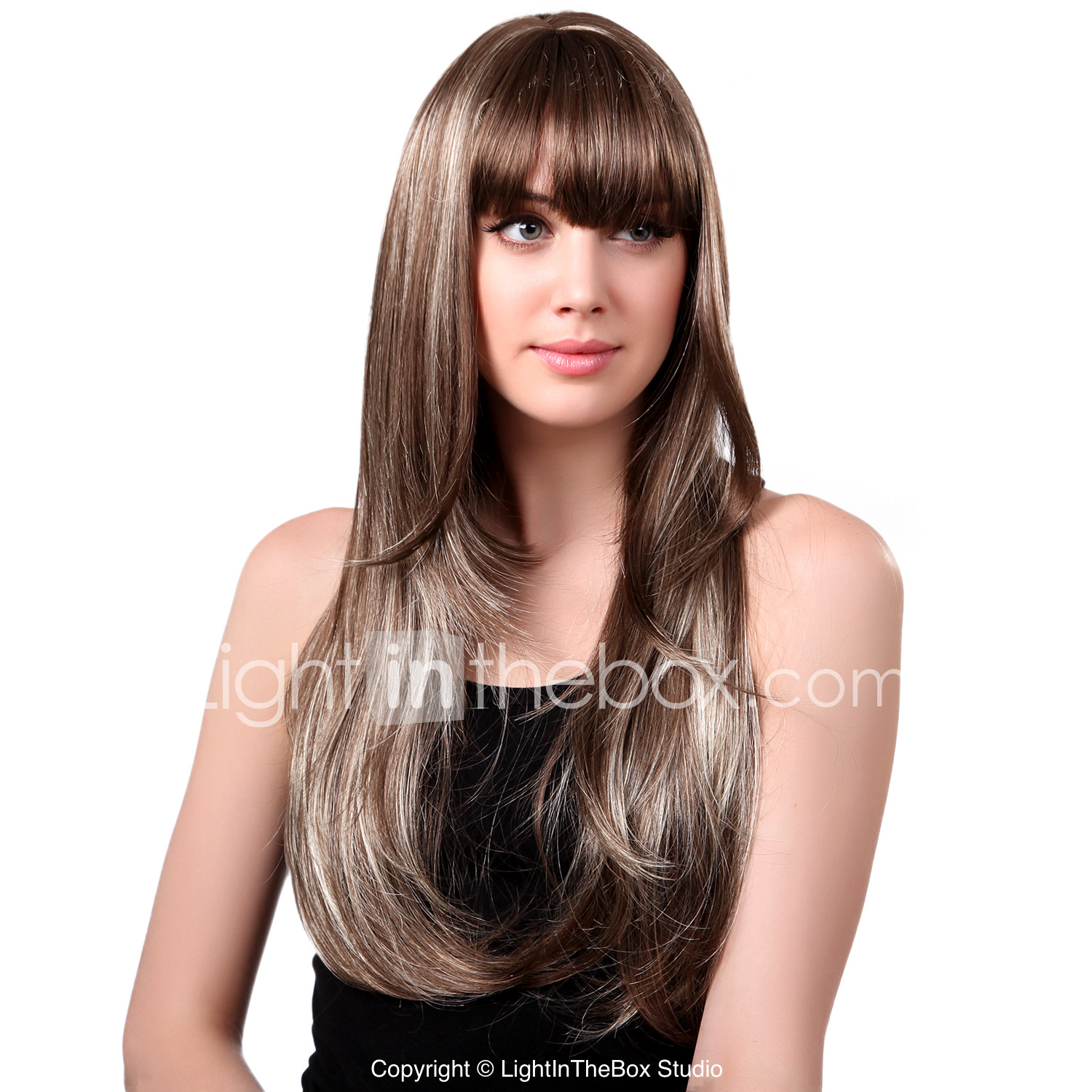 Capless Long Synthetic Mixed Straight Curly Hair Wig Full Bang