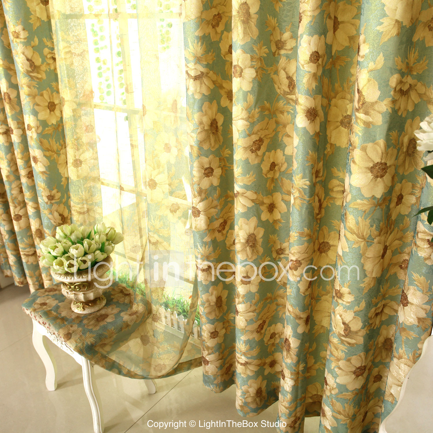Dining Room Spun Gold Print Jacquard Curtains Drapes Two Panels