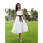 A-line Strapless Tea-length Chiffon Over Elastic Woven Satin Wedding Dress with Ribbon