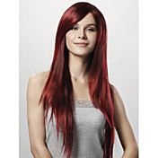 Capless Extra Long Straight Red Synthetic Wig Side Bang