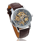 Men's Auto-Mechanical Hollow Engraving Brown PU Band Wrist Watch