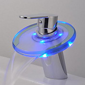Single Handle Color Changing LED Waterfall Centerset Bathroom Sink Faucet with Glass Spout