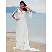 Sheath/ Column Sweep/ Brush Train Chiffon Lace Wedding Dress