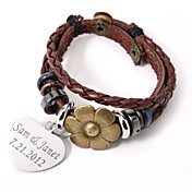Personalized Charm And Alloy Flower On Leather Bracelet
