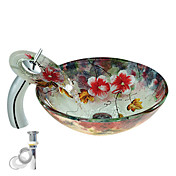 Colourfull Tempered Glass Vessel Sink With Waterfall Faucet ,Pop - Up drain and Mounting Ring