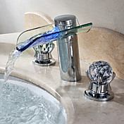 Contemporary Chrome Finish Two Handles LED Waterfall Glass Bathroom Sink Faucet