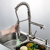 Contemporary Nickel Brushed Finish Single Handle LED Pull-out Kitchen Faucet